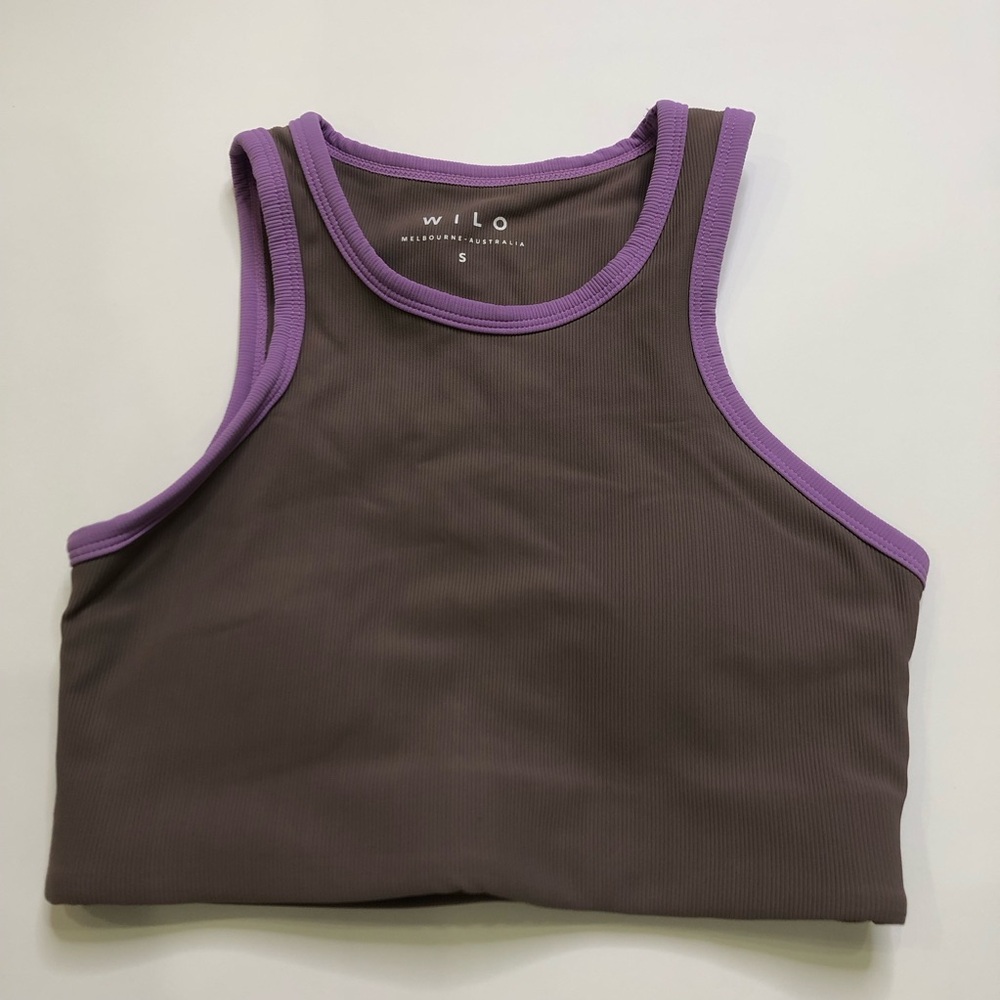 Wilo The Label Ribbed Racerback Sports Bra Brown With Purple Trim Size Small